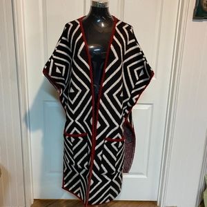 ZARA KNIT Long Cardigan Sweater Wrap Black White Red Size M Oversized Jacket